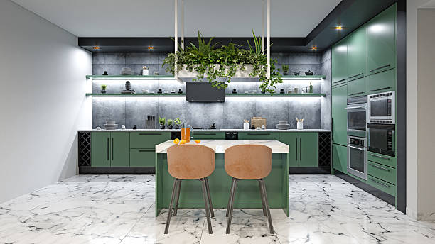 Modern kitchen with green cabinets wooden floor and hanging plants 3d render dream house energy Dream house energy